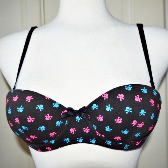 BRA SKULLS PATTERN BLACK BODY BLUE & PINK SKULLS REMOVABLE STRAPS 32A - Picture 1 of 6